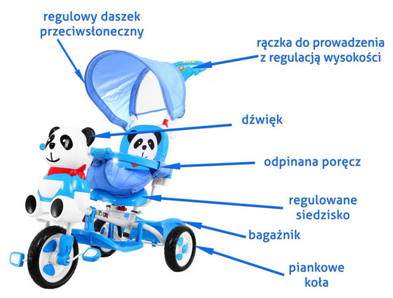 3-kołowy Rowerek dla dzieci Panda Niebieski + Dźwięki + Daszek + Barierka + Podnóżek + Rączka + Płozy + Schowek