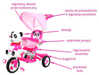3-kołowy Rowerek dla dzieci Panda Różowy + Dźwięki + Daszek + Barierka + Podnóżek + Rączka + Płozy + Schowek