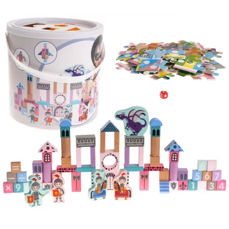 Drewniany zestaw Klocków Zamek z Rycerzami dla dzieci 3+ Drewniane Figurki + Sorter kształtów + Mata z puzzli + Gra Chinczyk