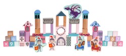 Drewniany zestaw Klocków Zamek z Rycerzami dla dzieci 3+ Drewniane Figurki + Sorter kształtów + Mata z puzzli + Gra Chinczyk