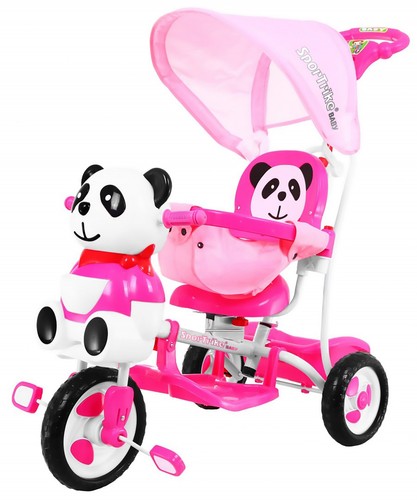 3-kołowy Rowerek dla dzieci Panda Różowy + Dźwięki + Daszek + Barierka + Podnóżek + Rączka + Płozy + Schowek