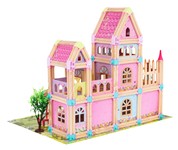 Drewniany Domek Księżniczek z Klocków 183 el. dla dzieci 3+ Elementy konstrukcyjne + 2 Figurki Księżniczek + Akcesoria