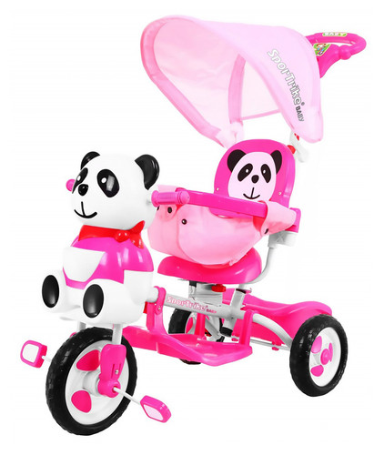 3-kołowy Rowerek dla dzieci Panda Różowy + Dźwięki + Daszek + Barierka + Podnóżek + Rączka + Płozy + Schowek