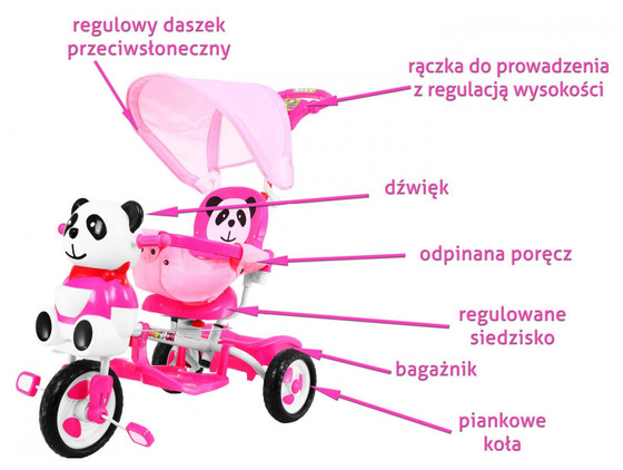 3-kołowy Rowerek dla dzieci Panda Różowy + Dźwięki + Daszek + Barierka + Podnóżek + Rączka + Płozy + Schowek